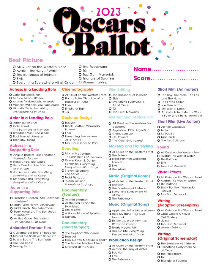 2023 Oscars Ballot