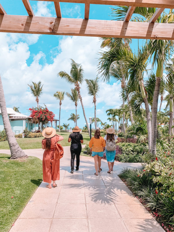 A group of people walking down a sidewalk next to a palm tree