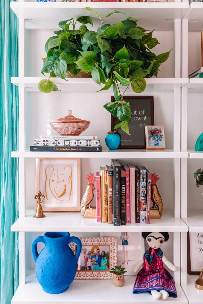 Decor styled on bookshelf