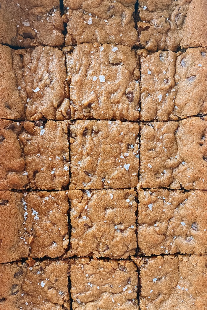 chocolate chip bars sliced in pan