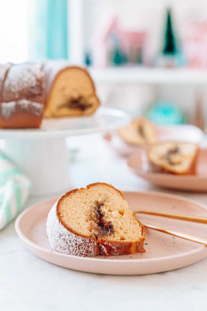 Slice of coffee bundt cake on plate