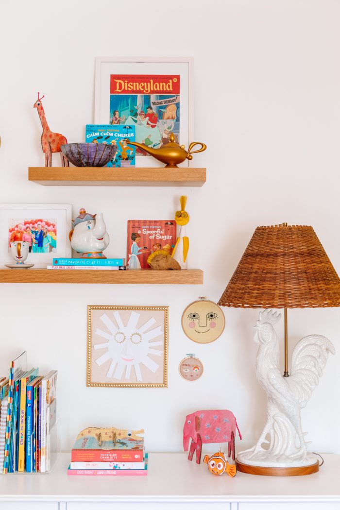 Oak floating shelves in an office and guest room