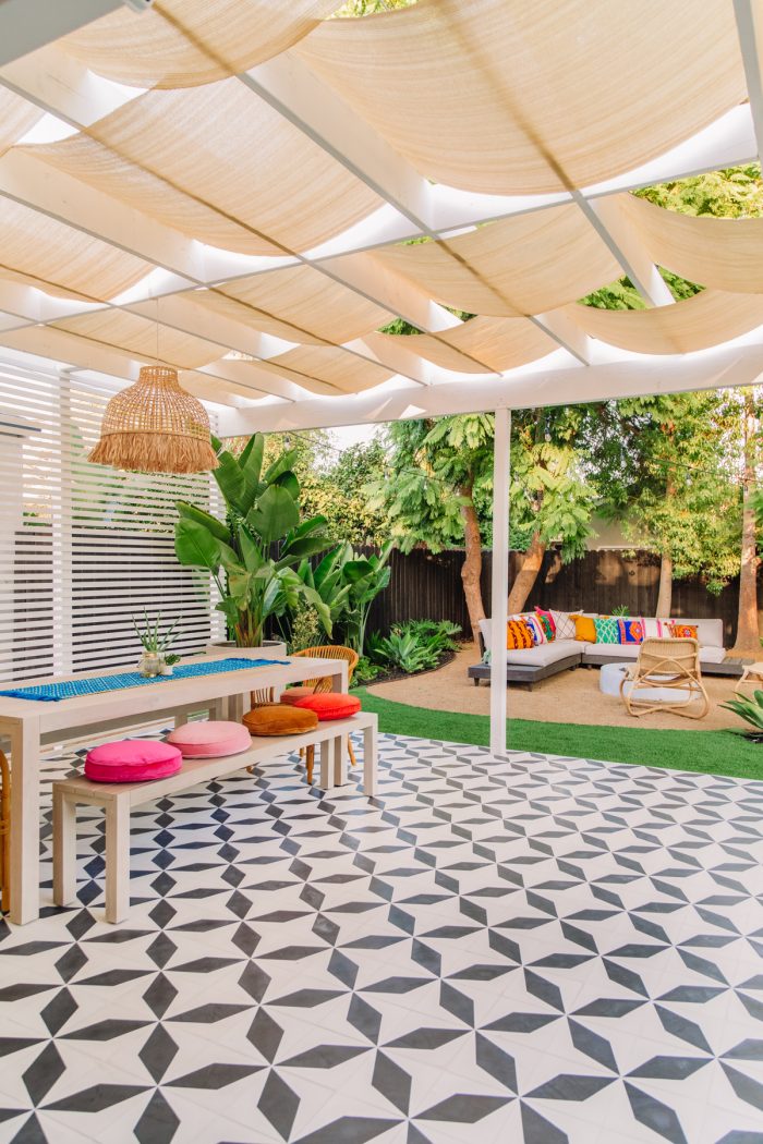 Bright Colorful Backyard with Pergola