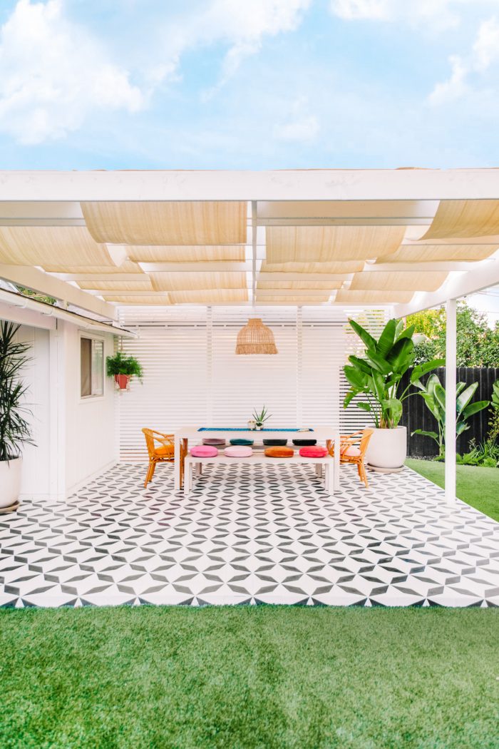 A backyard with a dining table