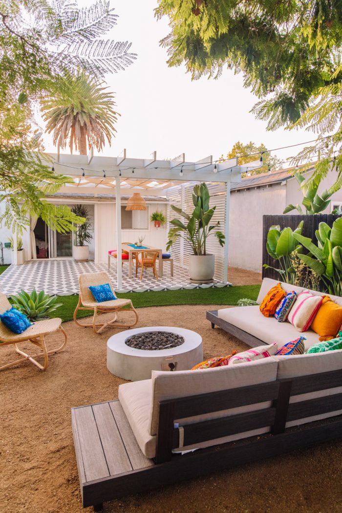 Colorful Outdoor Lounge Area with Fire Pit