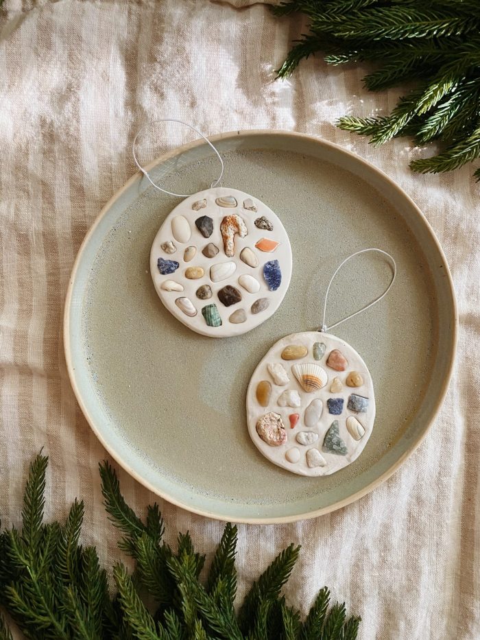 Shell mosaic ornaments on a plate. 