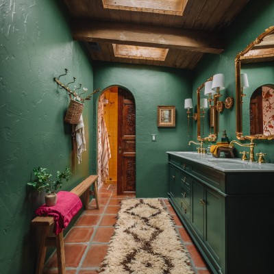 dark green bathroom with yellow shower seen through archway