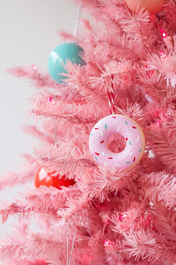 DIY Donut Ornament hanging on a pink tree. 