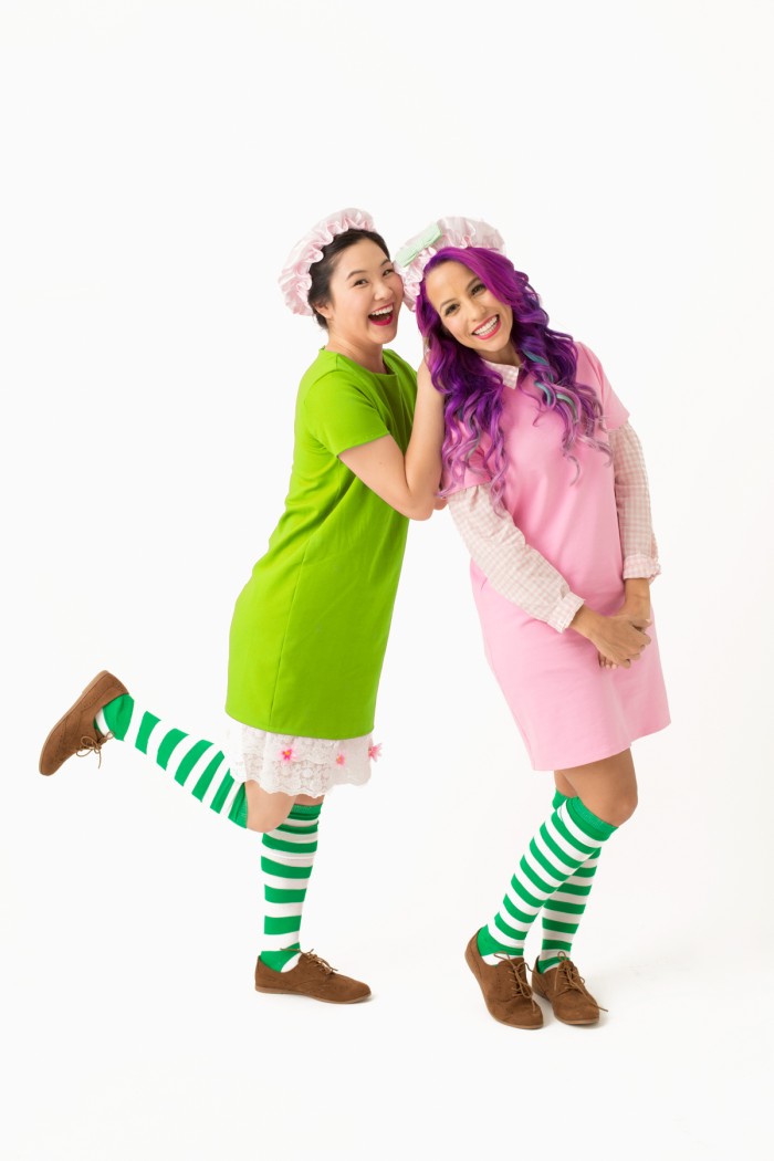 Green and purple strawberry shortcake costume.