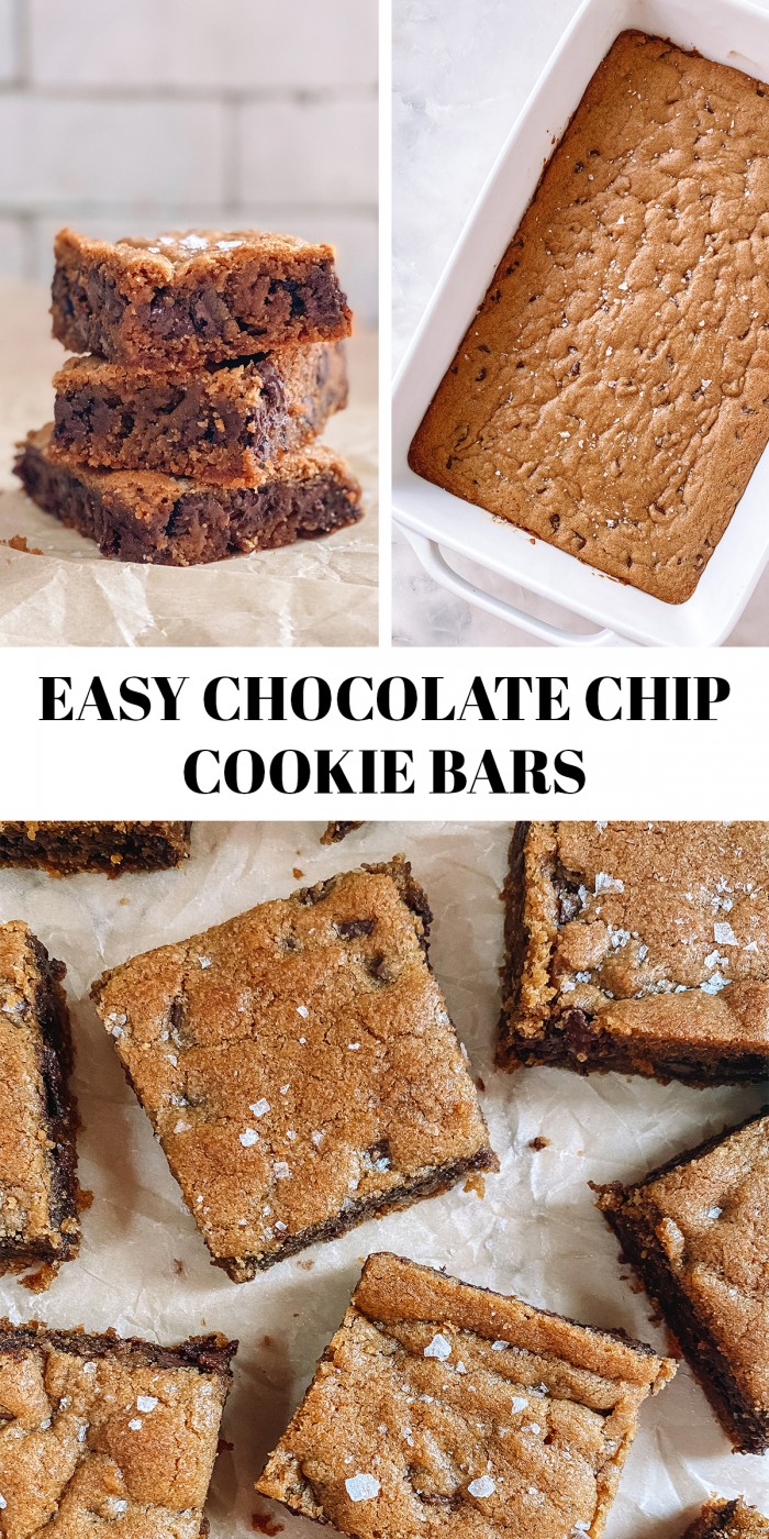 three photos of chocolate chip bars with text "easy chocolate chip bars"