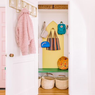 Closet with bags and baskets