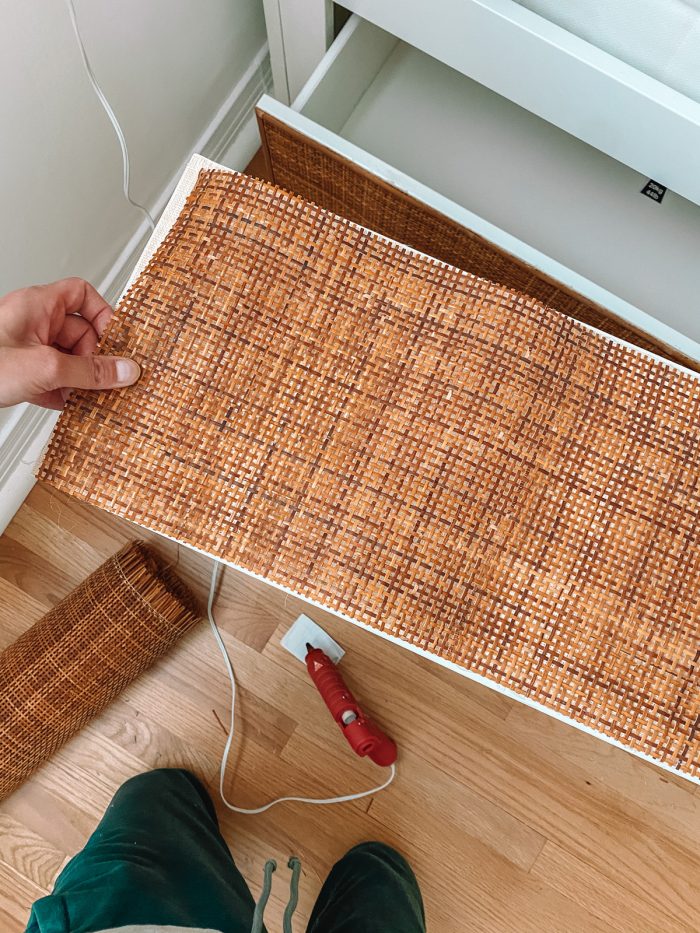 Gluing rattan cane webbing to IKEA drawer front with hot glue gun