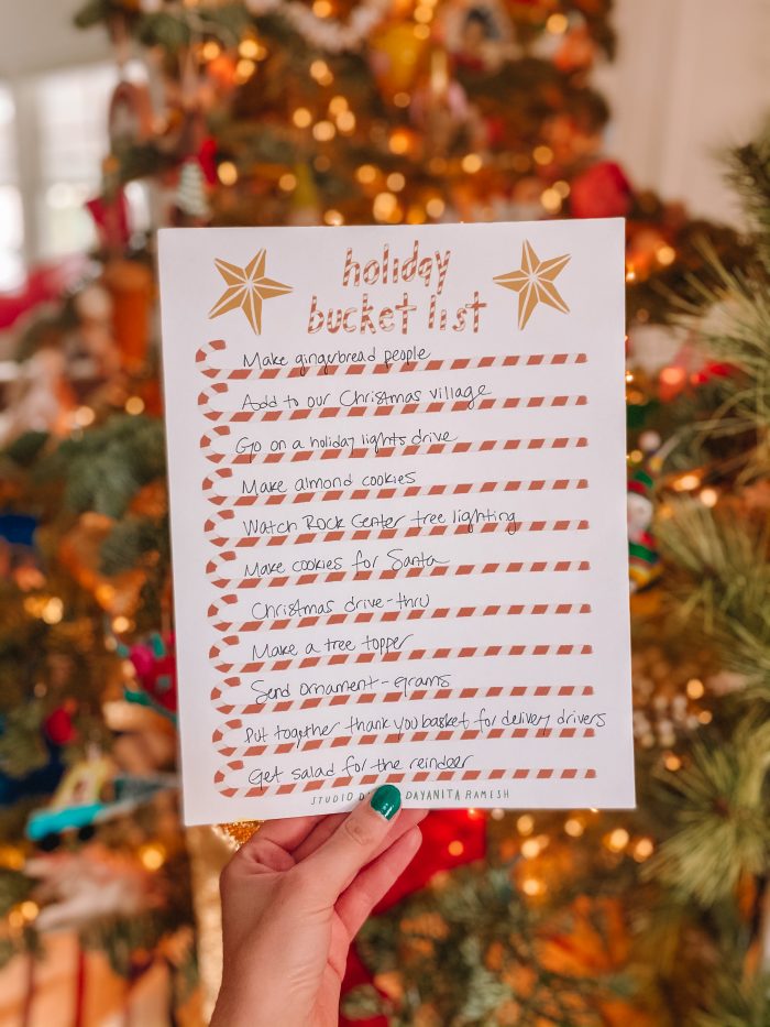Free Printable Holiday Bucket List filled out with ideas to do during the holiday season. 