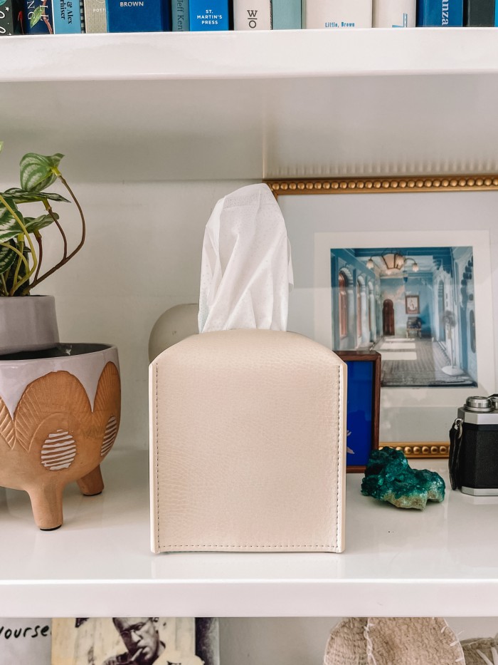 Tissue box cover on shelf