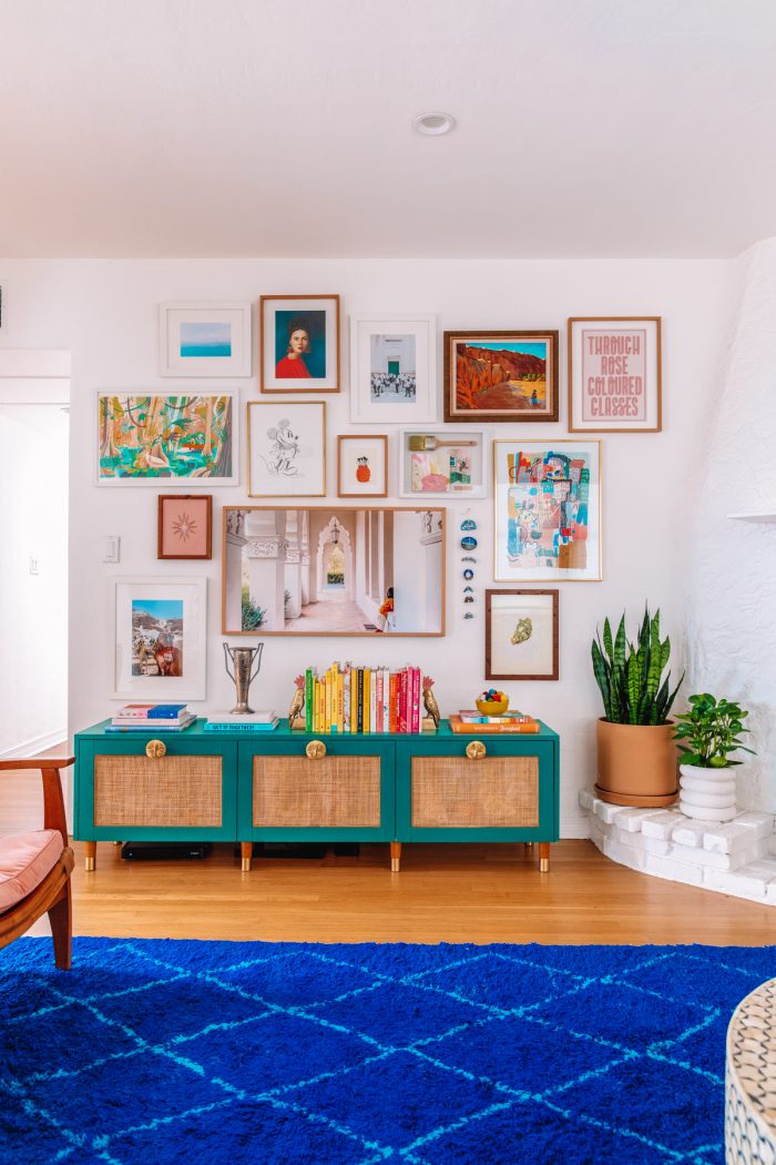 Colorful Gallery Wall and DIY Rattan IKEA Hack Media Console