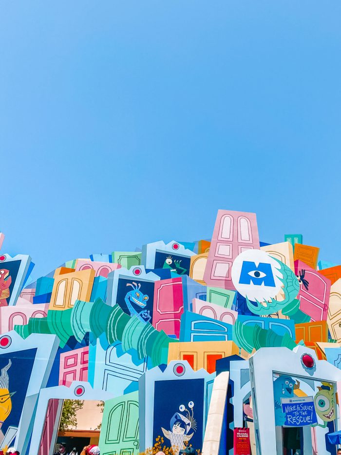 Monsters Inc ride facade at Disneyland against blue sky