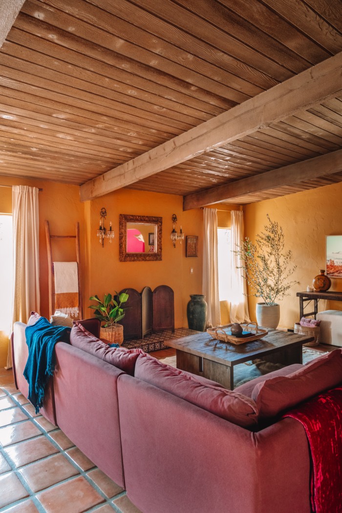 plum couch in living room with ochre walls