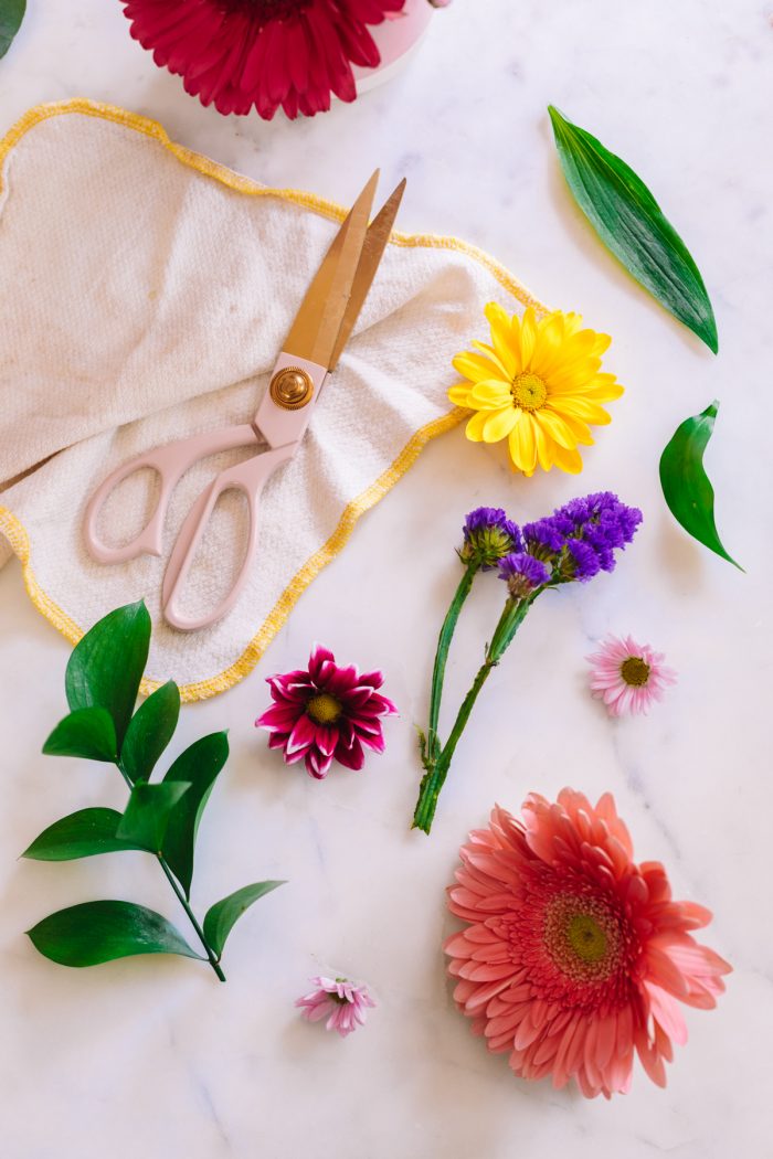 Flowers, leaves, and scissors