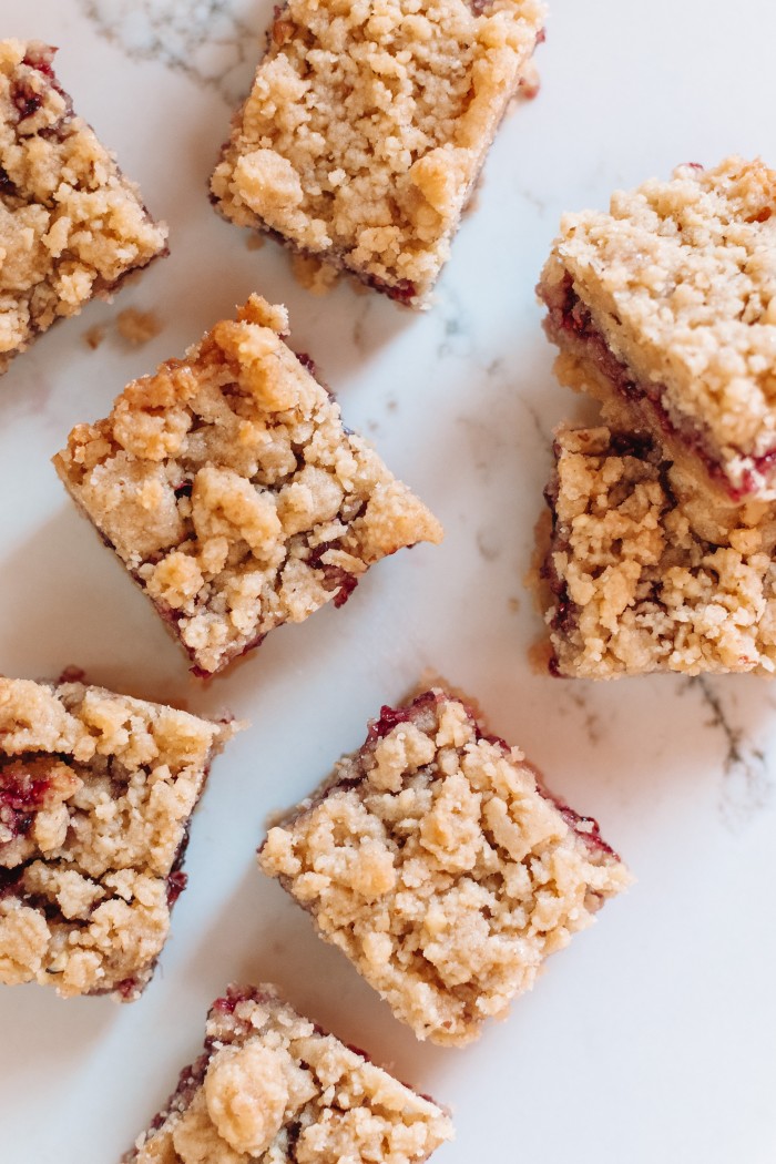 Raspberry Bars on a Marble Counter