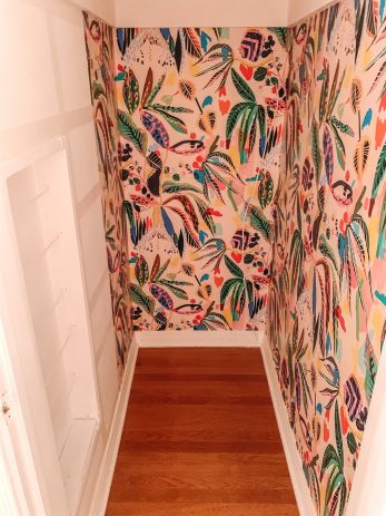 A closet with colorful wallpaper