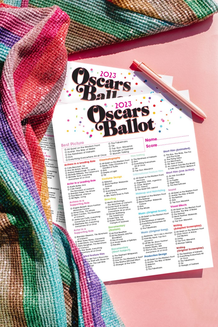 2023 printable Oscar ballot on pink background with sequin stripe fabric