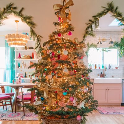 Christmas Garlands on Arches and Colorful Christmas Tree