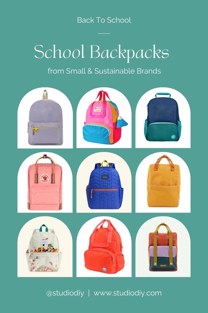 grid of backpack photos with "school backpacks" as title