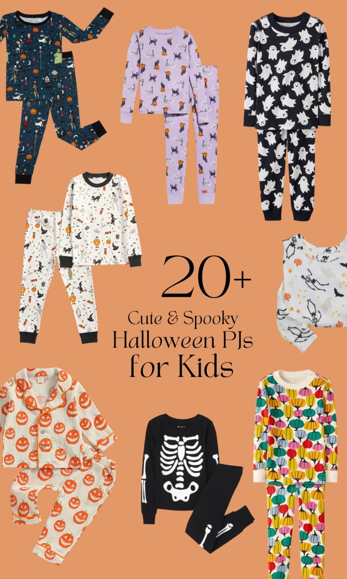 collage of halloween pajamas for kids