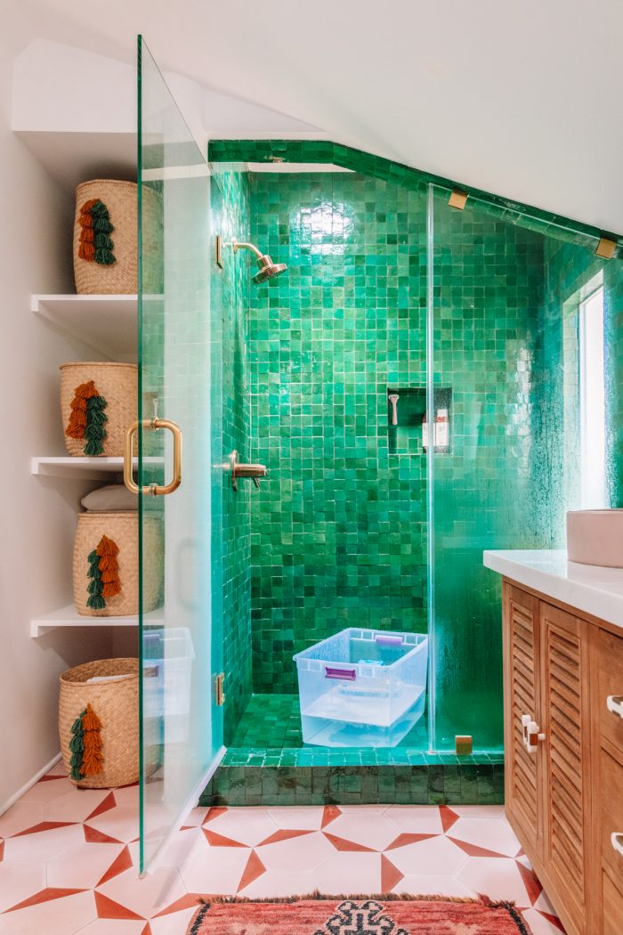 A green tiled shower