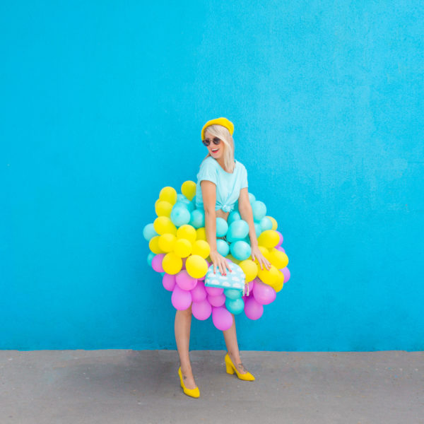 A person wearing a balloon skirt